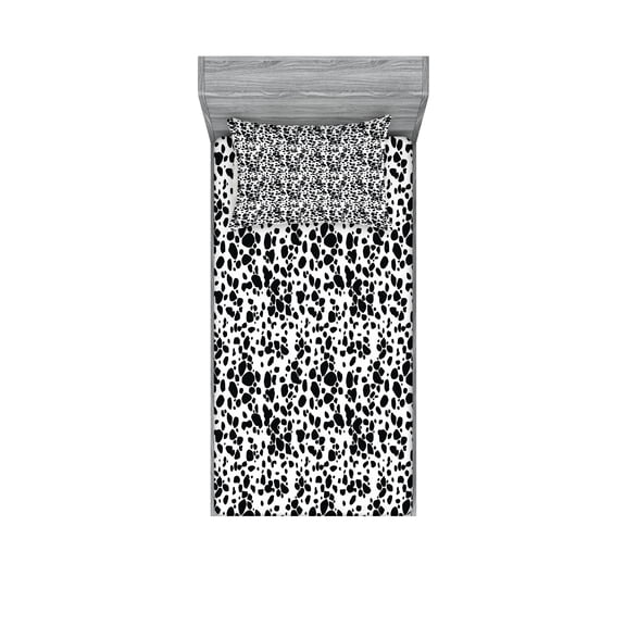 Ambesonne Animal Fitted Sheet & Pillow Sham Set, Puppy Spots Fur, Twinxl, White Black