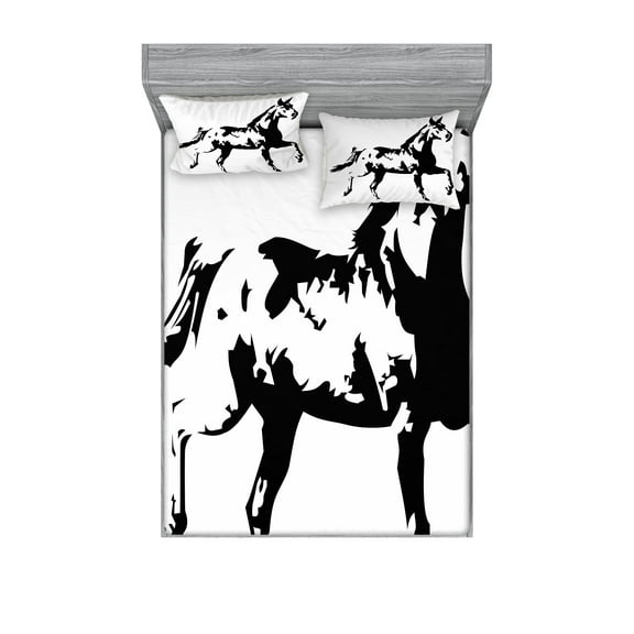 Ambesonne Animal Fitted Sheet & Pillow Sham Set, Running Horse Silhouette, Full, Black and White