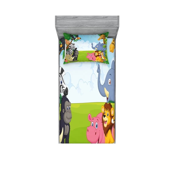 Ambesonne Animal Fitted Sheet & Pillow Sham Set, Savannah Animals Cartoon, Twin, Multicolor