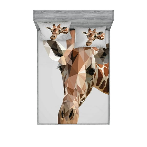 Ambesonne Animal Fitted Sheet & Pillow Sham Set, Savannah Wildlife Giraffe, Full, Brown and Grey