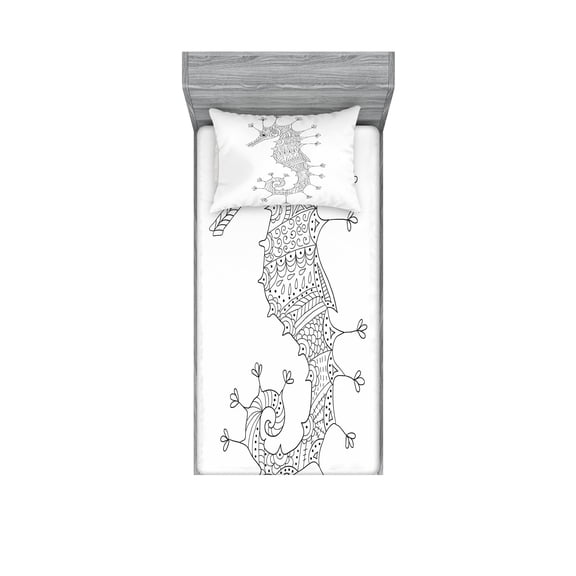 Ambesonne Animal Fitted Sheet & Pillow Sham Set, Seahorse Heraldic Art, Twin, Charcoal Grey White