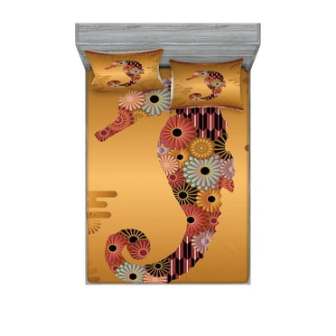 Ambesonne Animal Fitted Sheet & Pillow Sham Set, Seahorse Ornate Floral, Queen, Multicolor