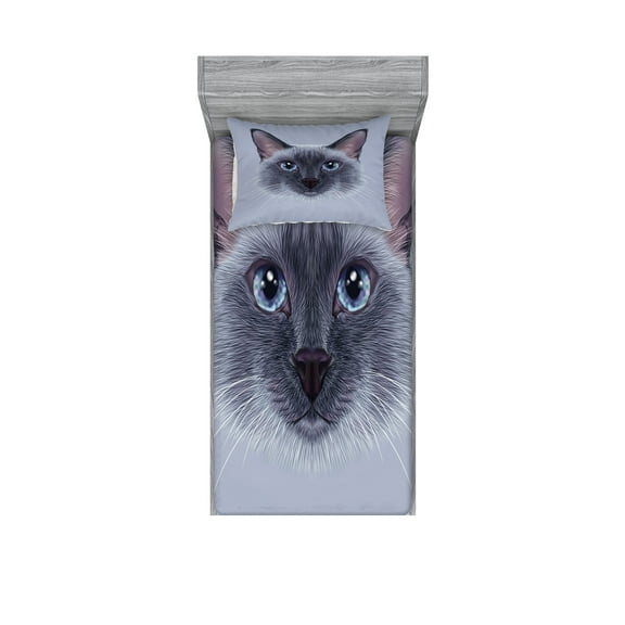 Ambesonne Animal Fitted Sheet & Pillow Sham Set, Siamese Cat Portrait, Twin, White Sky Blue and Grey
