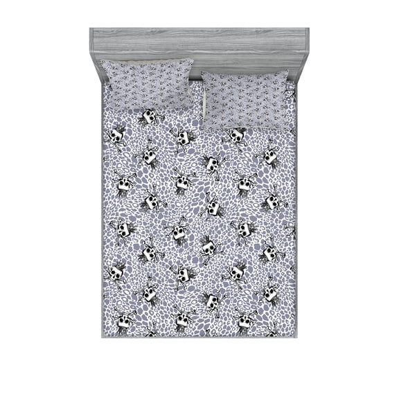 Ambesonne Animal Fitted Sheet & Pillow Sham Set, Skull Crossbones Wild, Queen, Black White Purplegrey