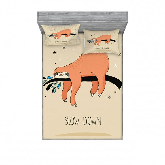 Ambesonne Animal Fitted Sheet & Pillow Sham Set, Sleepy Sloth Cartoon, Queen, Multicolor