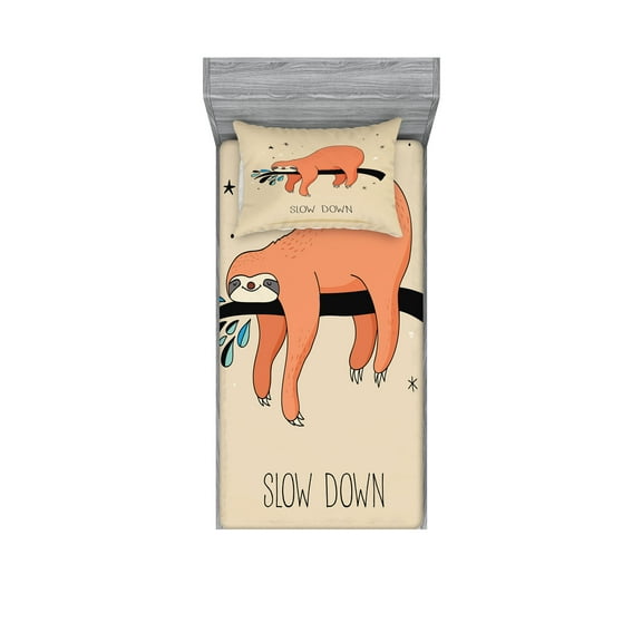 Ambesonne Animal Fitted Sheet & Pillow Sham Set, Sleepy Sloth Cartoon, Twinxl, Multicolor