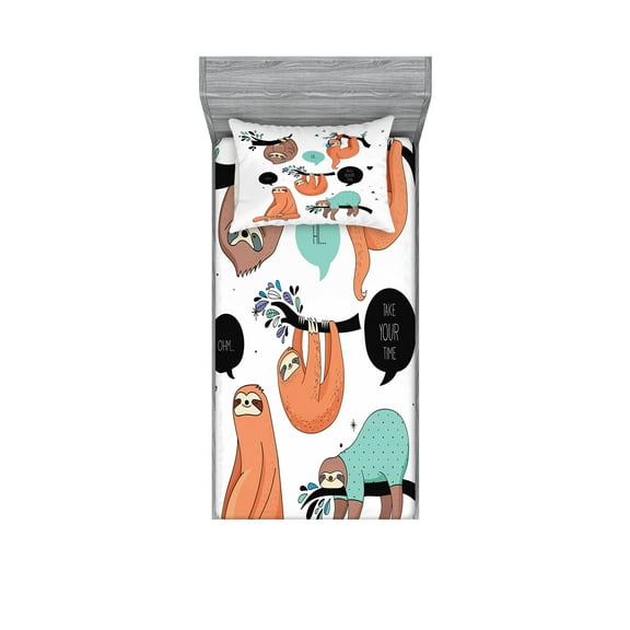 Ambesonne Animal Fitted Sheet & Pillow Sham Set, Smiling Sloth Cartoon, Twin, Multicolor