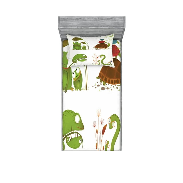 Ambesonne Animal Fitted Sheet & Pillow Sham Set, Snake Frog Ninja Reptile, Twinxl, Green Brown Red