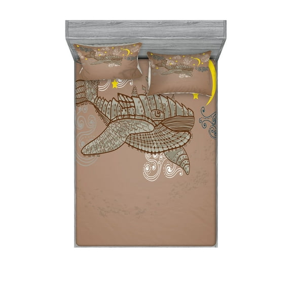 Ambesonne Animal Fitted Sheet & Pillow Sham Set, Steampuck Whale on Air, Full, Brown and White