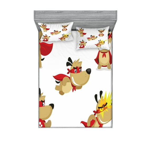 Ambesonne Animal Fitted Sheet & Pillow Sham Set, Superhero Puppy with Paw, Full, Red Cream White
