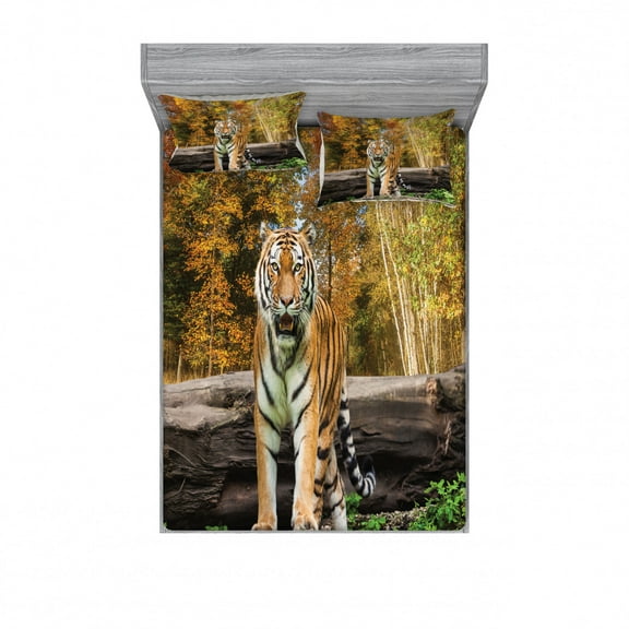 Ambesonne Animal Fitted Sheet & Pillow Sham Set, Tiger in Forest, Full, Orange and Brown