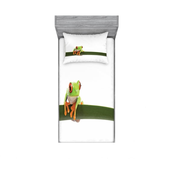 Ambesonne Animal Fitted Sheet & Pillow Sham Set, Tropic Wild Rainforest, Twinxl, Green White