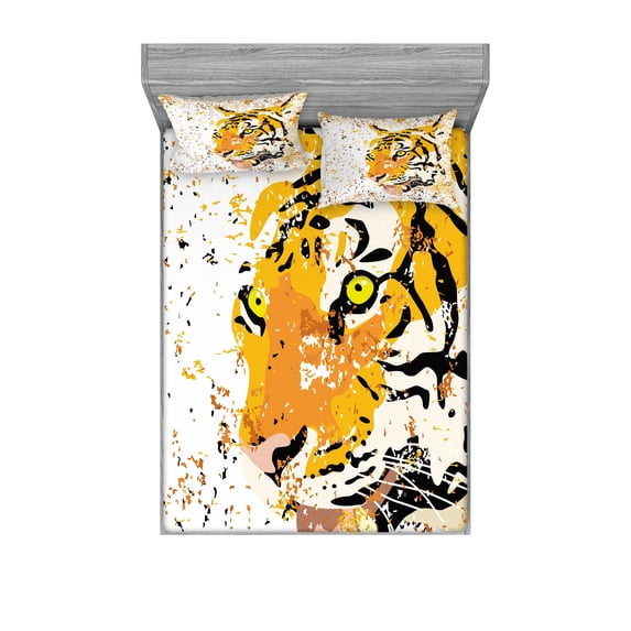 Ambesonne Animal Fitted Sheet & Pillow Sham Set, Vector Wildlife Tiger, Full, Orange