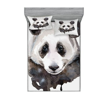 Ambesonne Animal Fitted Sheet & Pillow Sham Set, Watercolor Panda Bear, Queen, Beige White and Black