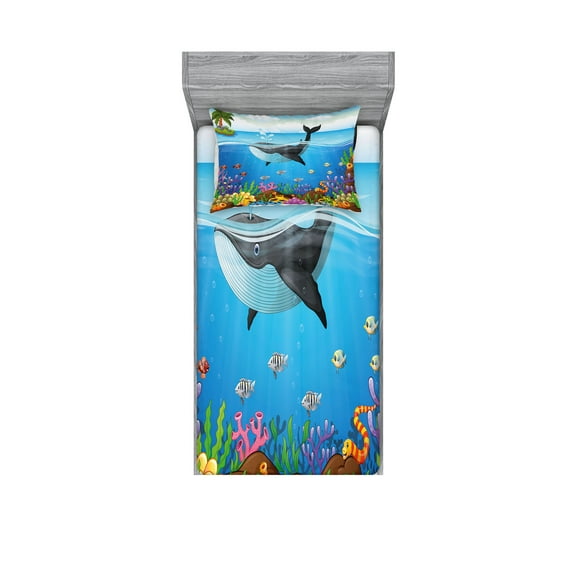 Ambesonne Animal Fitted Sheet & Pillow Sham Set, Whale in Ocean Planet, Twinxl, Dark Blue Orange