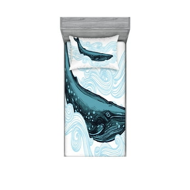 Ambesonne Animal Fitted Sheet & Pillow Sham Set, Whale with Striped Wave, Twinxl, White Dark Blue and Blue