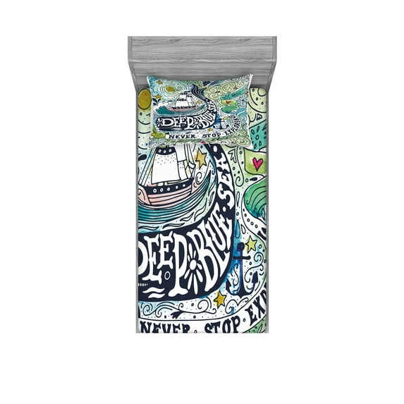 Ambesonne Animal Fitted Sheet & Pillow Sham Set, Whales Island with Palm, Twin, Blue Pink and Green