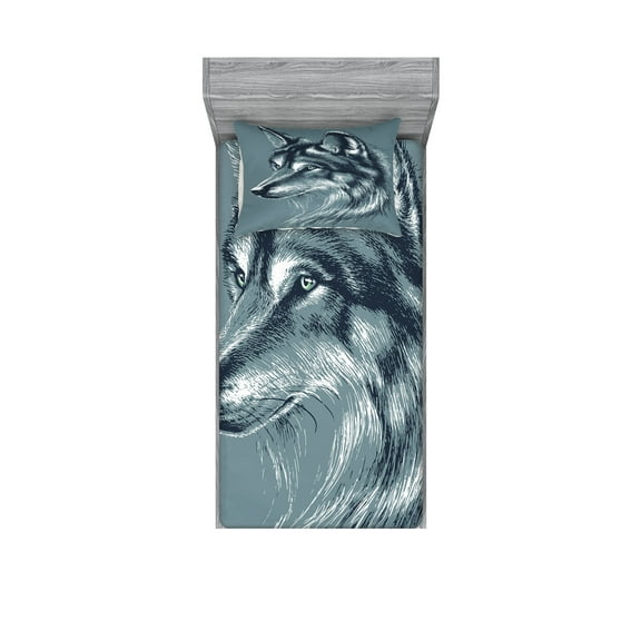 Ambesonne Animal Fitted Sheet & Pillow Sham Set, Wild Exotic Wolf Image, Twinxl, Slate Blue
