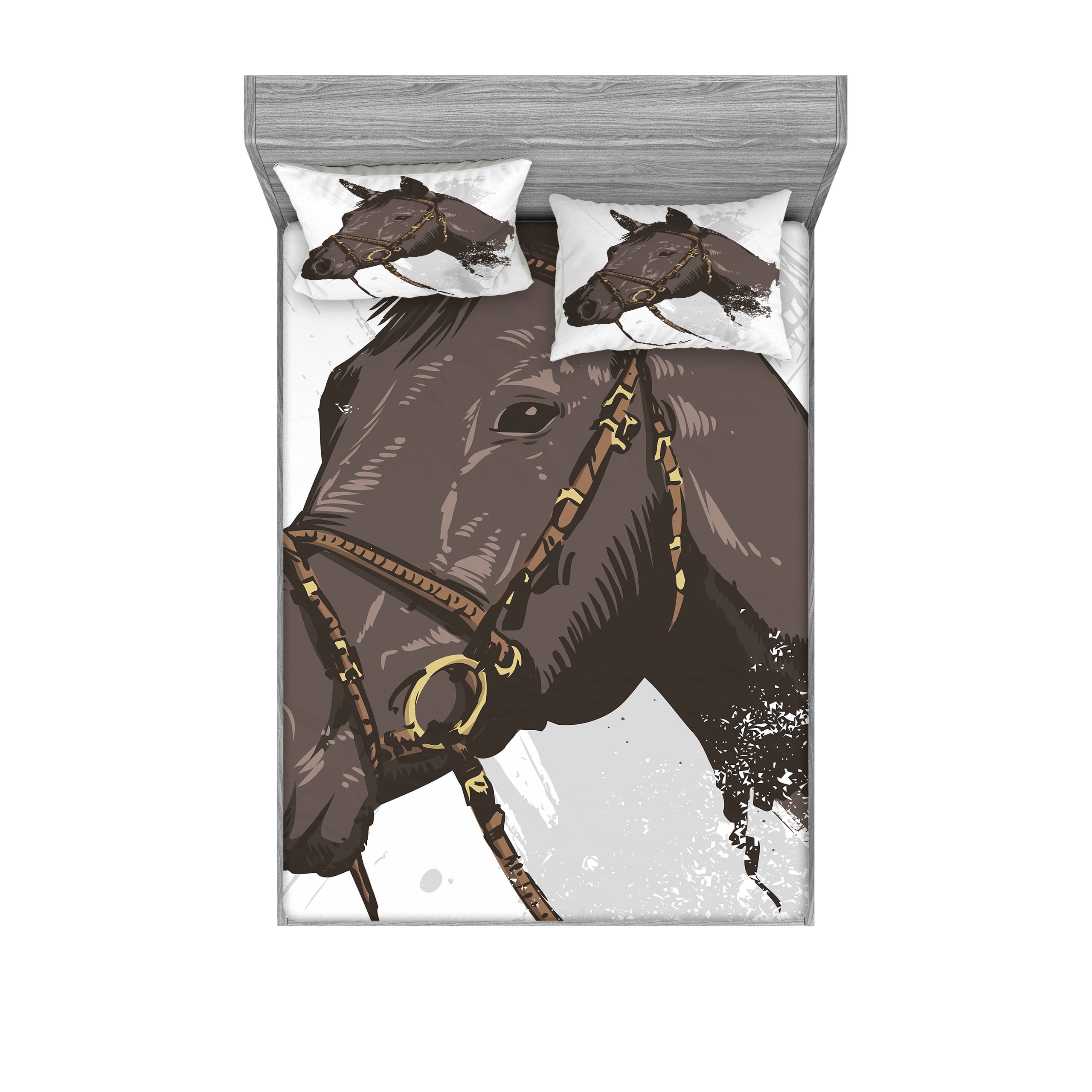 Full White and Brown Microfiber Horse Print Sheet Set