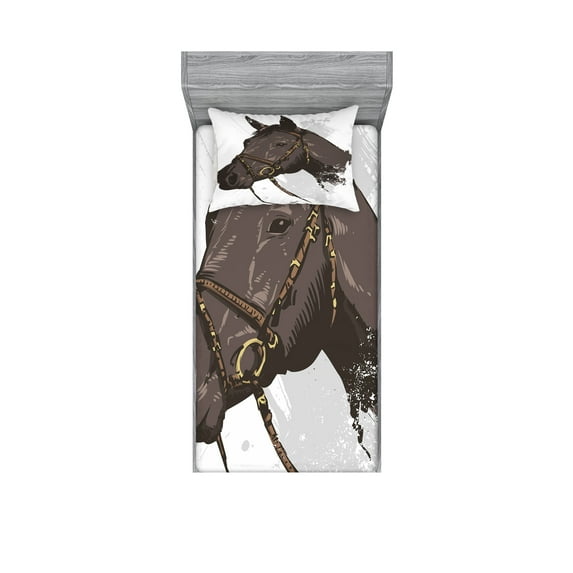 Ambesonne Animal Fitted Sheet & Pillow Sham Set, Wild Horse Portrait, Twin, Brown White