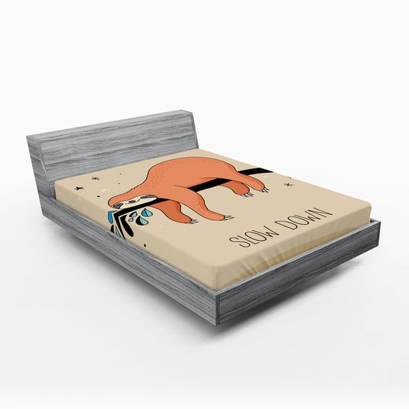 Ambesonne Animal Fitted Sheet, Sleepy Sloth Cartoon, Full Size, Multicolor