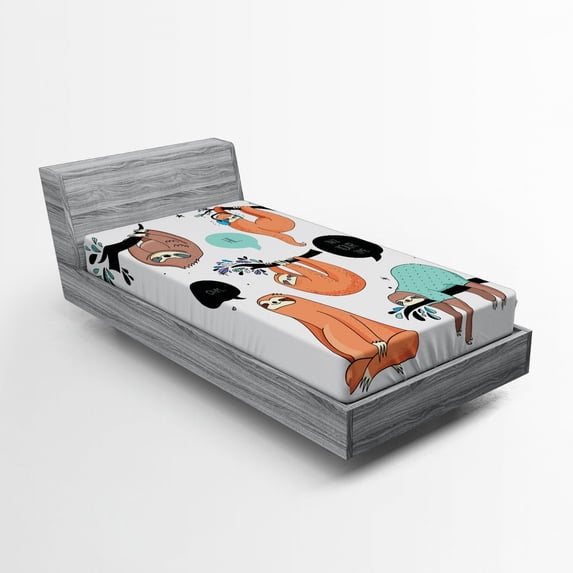 Ambesonne Animal Fitted Sheet, Smiling Sloth Cartoon, Twin XL Size, Multicolor