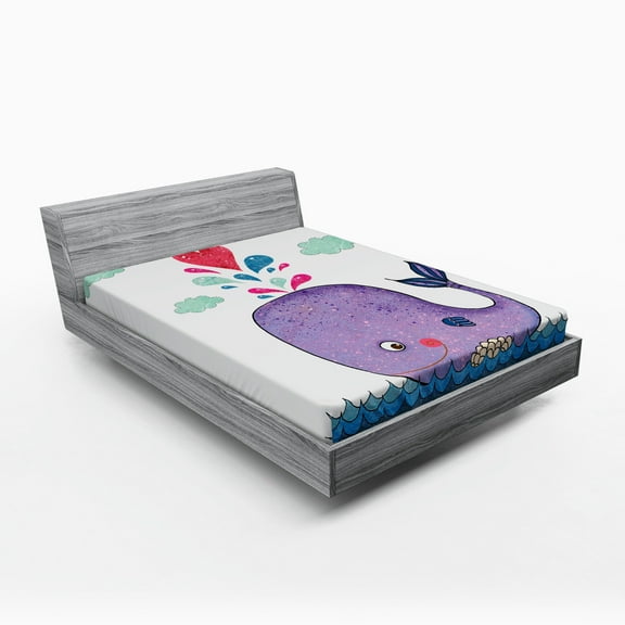 Ambesonne Animal Fitted Sheet, Smiling Whale with Cloud, Queen Size, Purple Blue and Red