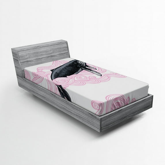 Ambesonne Animal Fitted Sheet, Striped Dreamy Whale, Twin XL Size, Pink Black and White
