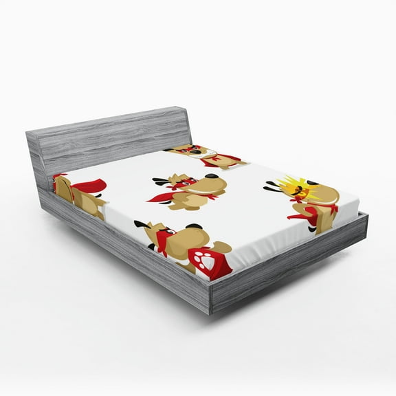 Ambesonne Animal Fitted Sheet, Superhero Puppy with Paw, Queen Size, Red Cream White