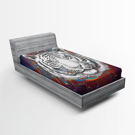 Ambesonne Animal Fitted Sheet, Tiger from Outer Space, Twin Size, Brown White and Black