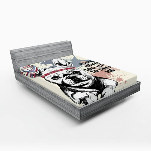 Ambesonne Animal Fitted Sheet, Tribal Feathers and Dog, Queen Size, White Black