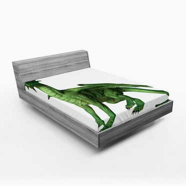 Ambesonne Animal Fitted Sheet, Ugly Standing Dragon, Queen Size, White Green