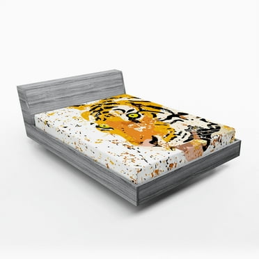 Ambesonne Animal Fitted Sheet, Vector Wildlife Tiger, Queen Size, Orange