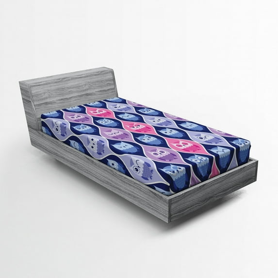 Ambesonne Animal Fitted Sheet, Vertical Sleeping Owls, Twin Size, Pink Purple Blue
