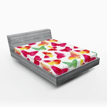 Ambesonne Animal Fitted Sheet, Watercolor Butterflies, Full Size, Fuchsia Green