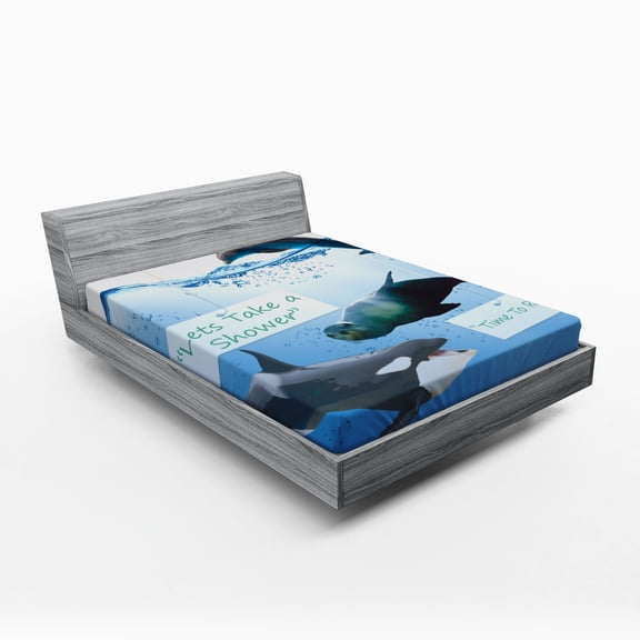 Ambesonne Animal Fitted Sheet, Whale Dolphin and Seal Sea, Full Size, Pale Blue Multicolor