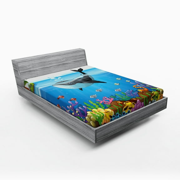 Ambesonne Animal Fitted Sheet, Whale in Ocean Planet, Queen Size, Dark Blue Orange