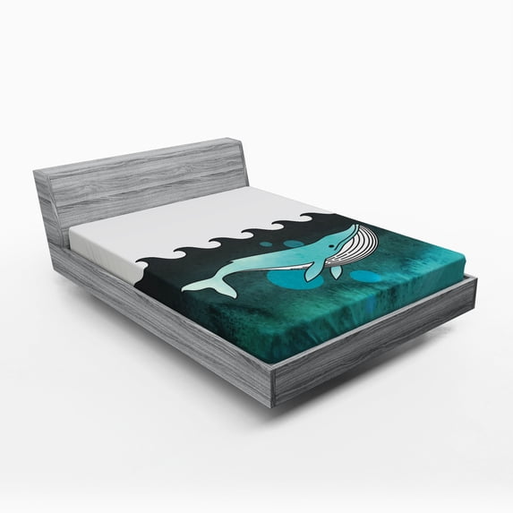 Ambesonne Animal Fitted Sheet, Whale near Palm Island, Queen Size, Green and Blue