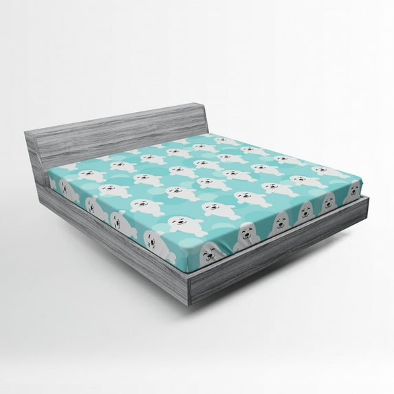 Ambesonne Animal Fitted Sheet, White Seals Ocean, Queen Size, Turquoise Pale Blue