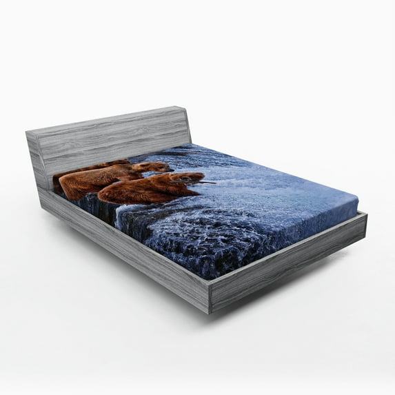 Ambesonne Animal Fitted Sheet, Wild Bear Fish Nature, Full Size, Brown White