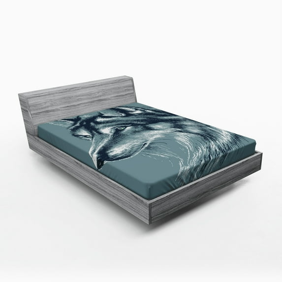 Ambesonne Animal Fitted Sheet, Wild Exotic Wolf Image, Full Size, Slate Blue