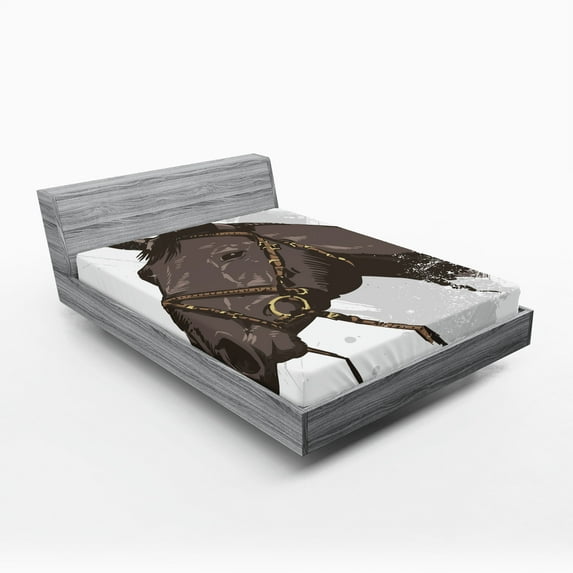 Ambesonne Animal Fitted Sheet, Wild Horse Portrait, Full Size, Brown White