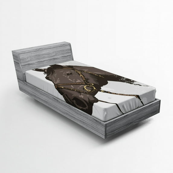 Ambesonne Animal Fitted Sheet, Wild Horse Portrait, Twin Size, Brown White