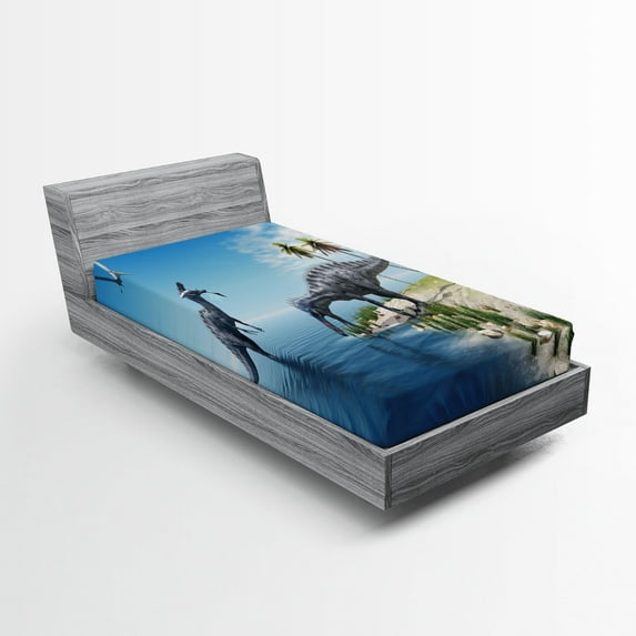 Ambesonne Animal Fitted Sheet, Wild Suchomimus Dinosaur, Twin Size, Blue Green Grey