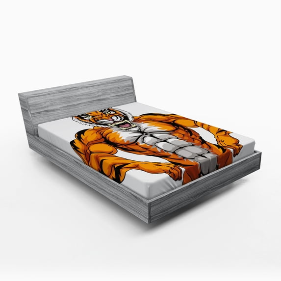 Ambesonne Animal Fitted Sheet, Wildlife Savannah Tiger Art, Queen Size, Pale Grey and Marigold
