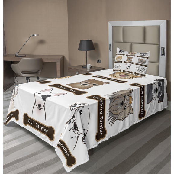 Ambesonne Animal Fitted & Top Sheet Set with Sham, Boston Terrier Dogs, White Cream and Grey