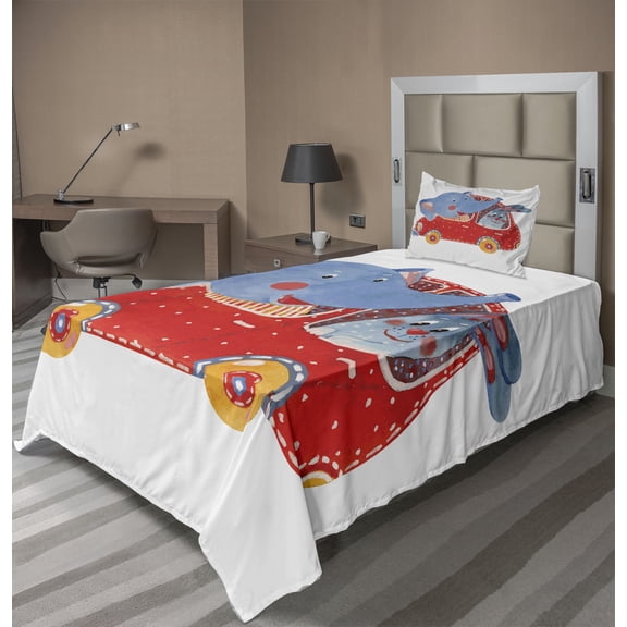 Ambesonne Animal Fitted & Top Sheet Set with Sham, Funny Animal in a Car, Blue Red White