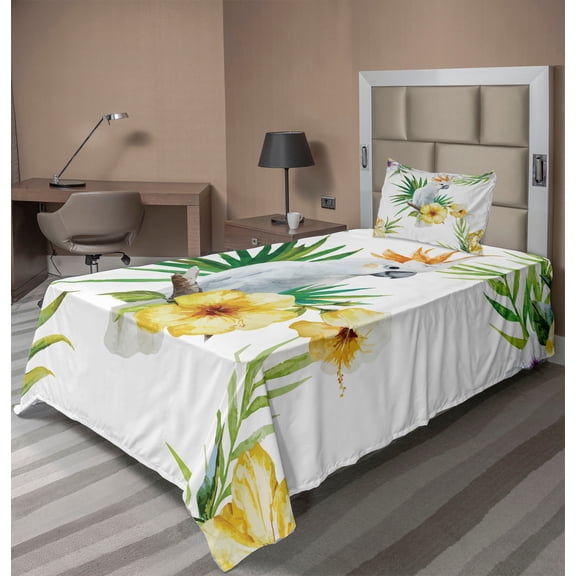 Ambesonne Animal Fitted & Top Sheet Set with Sham, Hibiscus with Wild Birds, White Yellow Green