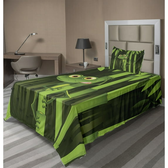 Ambesonne Animal Fitted & Top Sheet Set with Sham, Jungle Trees Funny Frog Art, Green