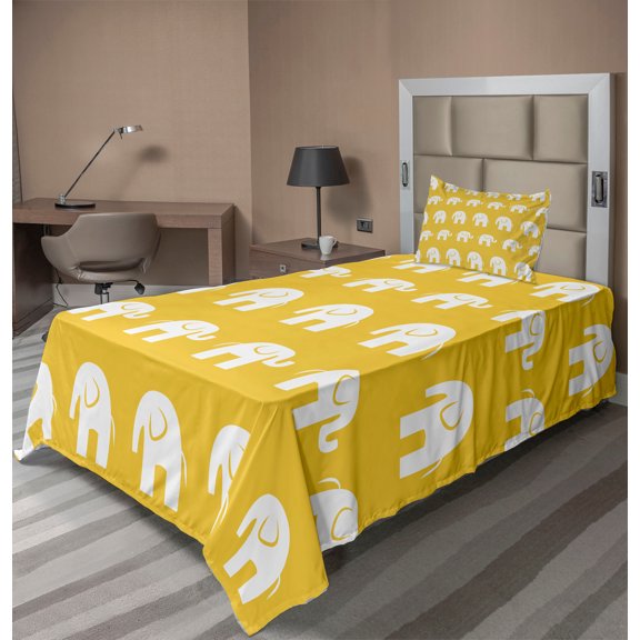 Ambesonne Animal Fitted & Top Sheet Set with Sham, Monotone Animal Pattern, Earth Yellow White